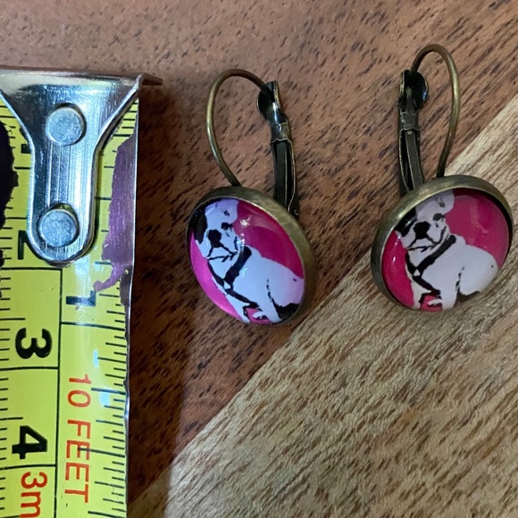 3/$28 Dog, Cute & dainty Boston Terrier and hot pink round earrings, new - Picture 4 of 7
